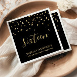 Gold Confetti on Black 16th Birthday Party Napkin<br><div class="desc">Help them celebrate their 16th birthday in style with this simple but elegant design, featuring faux gold triangular confetti sifting down on the word "eighteen" in stylish gold handwriting font on a black background. Personalise it with the name of the honoree in gold sans serif font, along with the occasion...</div>
