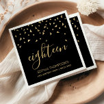 Gold Confetti on Black 18th Birthday Party Napkin<br><div class="desc">Help them celebrate their 18th birthday in style with this simple but elegant design, featuring faux gold triangular confetti sifting down on the word "eighteen" in stylish gold handwriting font on a black background. Personalise it with the name of the honoree in gold sans serif font, along with the occasion...</div>