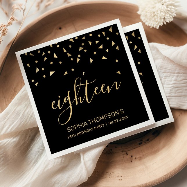 Gold Confetti on Black 18th Birthday Party Napkin (Creator Uploaded)