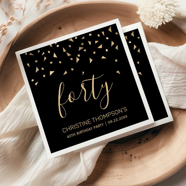 Gold Confetti on Black 40th Birthday Party Napkin (Creator Uploaded)