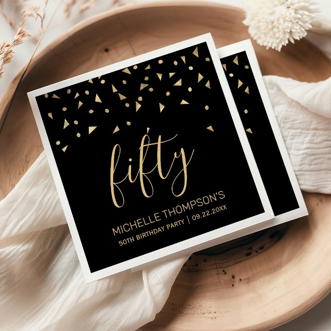 Gold Confetti on Black 50th Birthday Party Napkin (Creator Uploaded)