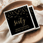 Gold Confetti on Black 60th Birthday Party Napkin<br><div class="desc">Help them celebrate their 60th birthday in style with this simple but elegant design, featuring faux gold triangular confetti sifting down on the word "sixty" in stylish gold handwriting font on a black background. Personalise it with the name of the honoree in gold sans serif font, along with the occasion...</div>