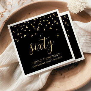 Gold Confetti on Black 60th Birthday Party Napkin