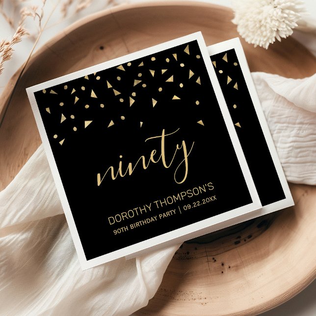 Gold Confetti on Black 90th Birthday Party Napkin (Creator Uploaded)