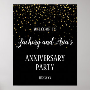 Gold Confetti on Black Anniversary Party Welcome Poster