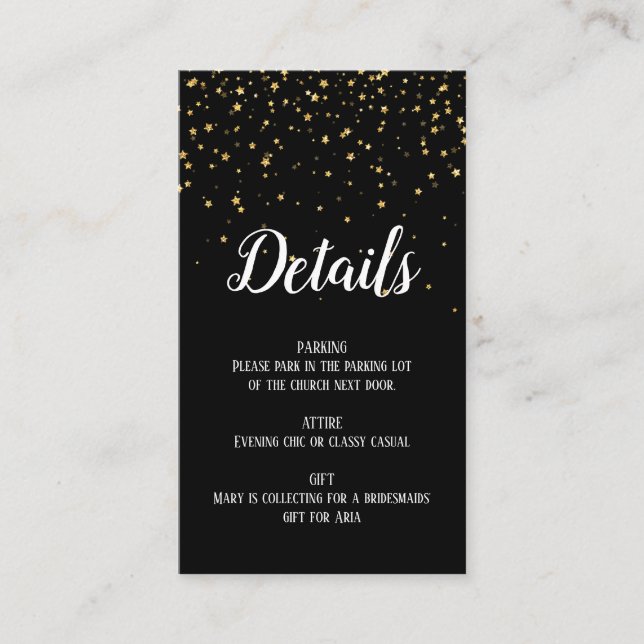 Gold Confetti on Black Bachelorette Details Card (Front)