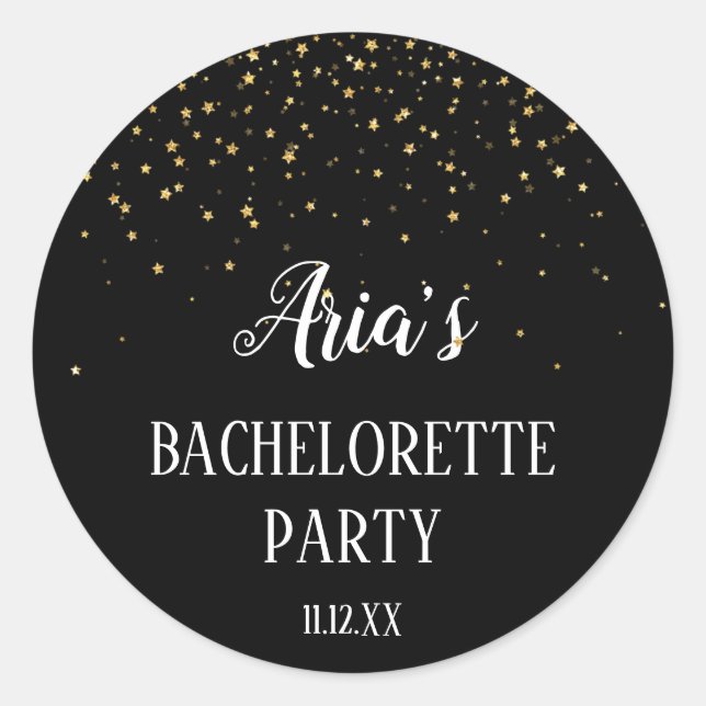 Gold Confetti on Black Bachelorette Party Classic Round Sticker (Front)