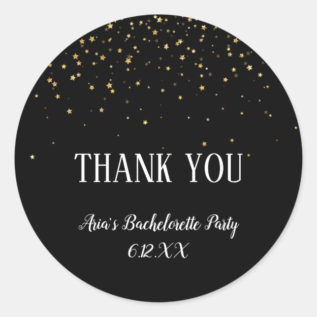 Gold Confetti on Black Bachelorette Thanks Sticker (Front)