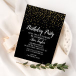 Gold Confetti on Black Birthday Party Invitation<br><div class="desc">This Gold Confetti on Black Birthday Party invitation is perfect for an elegant birthday celebration. The design features classy faux gold confetti on a black background,  with simple white calligraphy.</div>