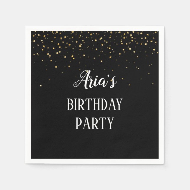 Gold Confetti on Black Birthday Party Napkins (Front)