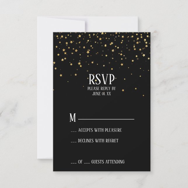 Gold Confetti on Black Birthday Party RSVP Card (Front)
