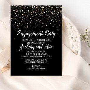 Gold Confetti on Black Engagement Party Invitation