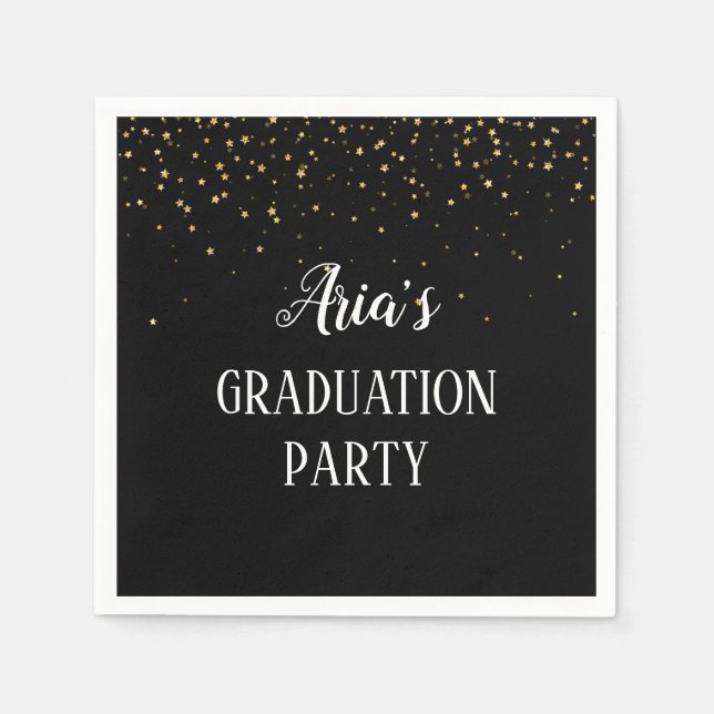 Gold Confetti on Black Graduation Party Napkins (Front)