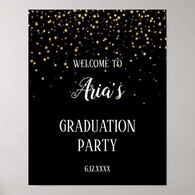 Gold Confetti on Black Graduation Party Welcome Poster (Front)