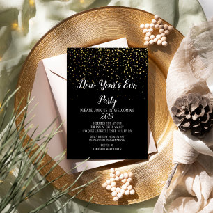 Gold Confetti on Black New Year's Eve Invitation