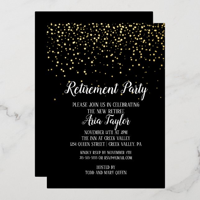 Gold Confetti on Black Retirement Party Gold (Front/Back)