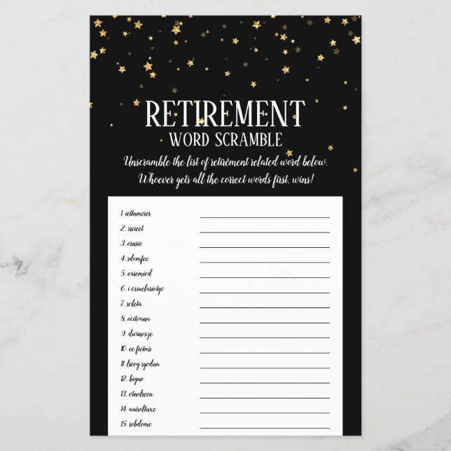 Gold Confetti on Black Retirement Word Scramble Flyer (Front)