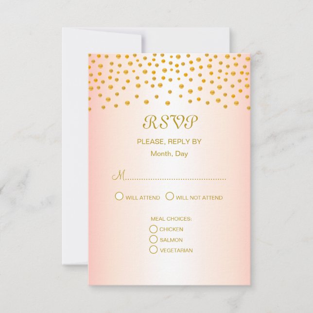 Gold Confetti on Black & Rose Gold Wedding RSVP Card (Front)