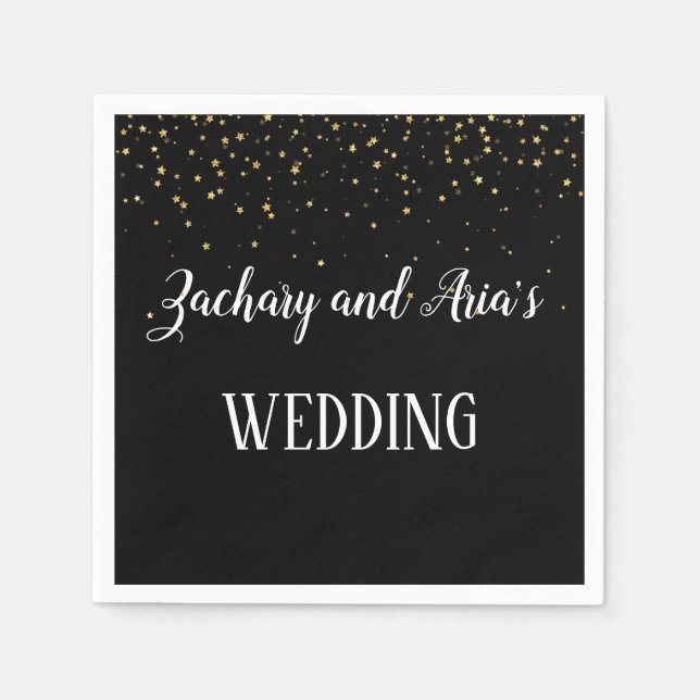 Gold Confetti on Black Wedding Napkins (Front)