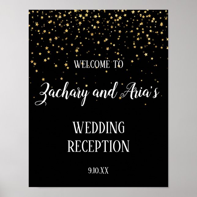 Gold Confetti on Black Wedding Reception Welcome Poster (Front)