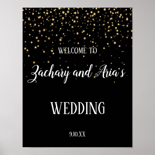 Gold Confetti on Black Wedding Welcome Sign (Front)
