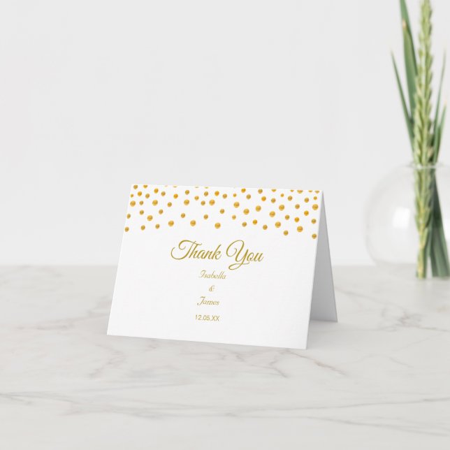 Gold Confetti on Black & White Wedding Thank You Card (Front)