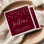Gold Confetti on Burgundy 16th Birthday Party Napkin<br><div class="desc">Help them celebrate their 16th birthday in style with this simple but elegant design, featuring faux gold triangular confetti sifting down on the word "eighteen" in stylish gold handwriting font on a burgundy red background. Personalise it with the name of the honoree in gold sans serif font, along with the...</div>