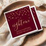 Gold Confetti on Burgundy 18th Birthday Party Napkin<br><div class="desc">Help them celebrate their 18th birthday in style with this simple but elegant design, featuring faux gold triangular confetti sifting down on the word "eighteen" in stylish gold handwriting font on a burgundy red background. Personalise it with the name of the honoree in gold sans serif font, along with the...</div>