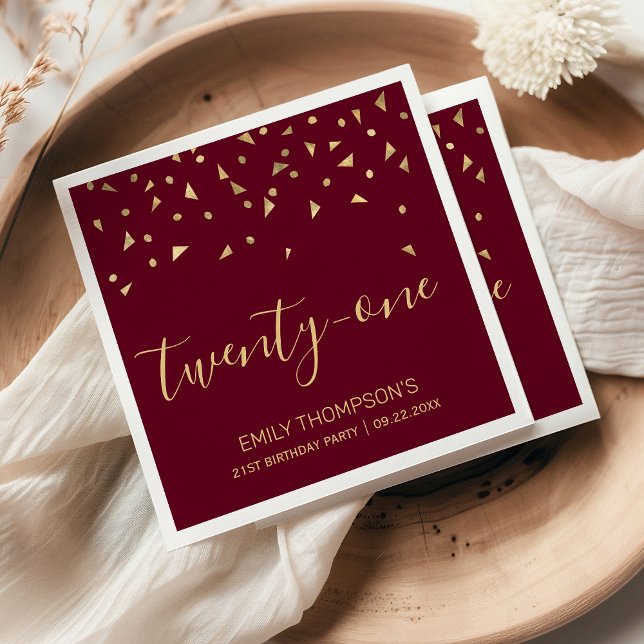 Gold Confetti on Burgundy 21st Birthday Party Napkin (Creator Uploaded)