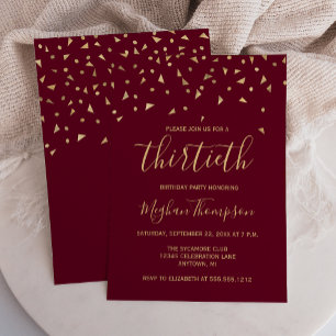 Gold Confetti on Burgundy 30th Birthday Party Invitation