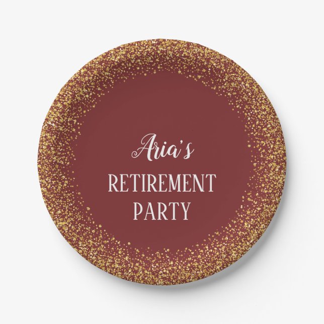 Gold Confetti on Burgundy Retirement Party Plates (Front)