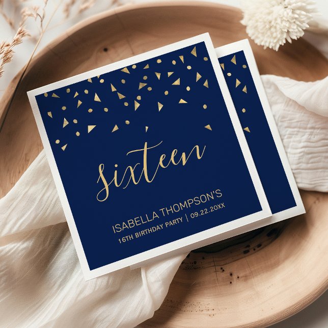Gold Confetti on Navy Blue 16th Birthday Party Napkin (Creator Uploaded)