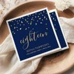 Gold Confetti on Navy Blue 18th Birthday Party Napkin<br><div class="desc">Help them celebrate their 18th birthday in style with this simple but elegant design, featuring faux gold triangular confetti sifting down on the word "eighteen" in stylish gold handwriting font on a navy blue background. Personalise it with the name of the honoree in gold sans serif font, along with the...</div>