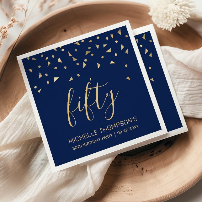 Gold Confetti on Navy Blue 50th Birthday Party Napkin (Creator Uploaded)