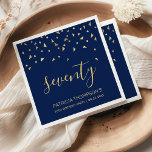 Gold Confetti on Navy Blue 70th Birthday Party Napkin<br><div class="desc">Help them celebrate their 70th birthday in style with this simple but elegant design, featuring faux gold triangular confetti sifting down on the word "seventy" in stylish gold handwriting font on a navy blue background. Personalise it with the name of the honoree in gold sans serif font, along with the...</div>