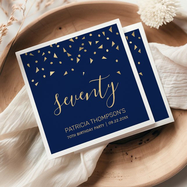 Gold Confetti on Navy Blue 70th Birthday Party Napkin (Creator Uploaded)
