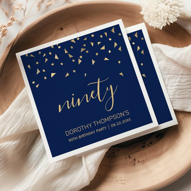 Gold Confetti on Navy Blue 90th Birthday Party Napkin (Creator Uploaded)