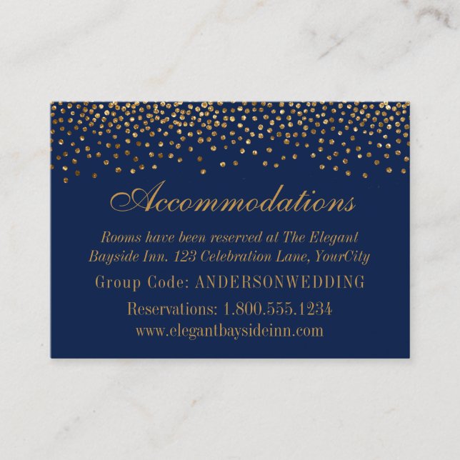 Gold Confetti on Navy Wedding Accommodation Cards (Front)