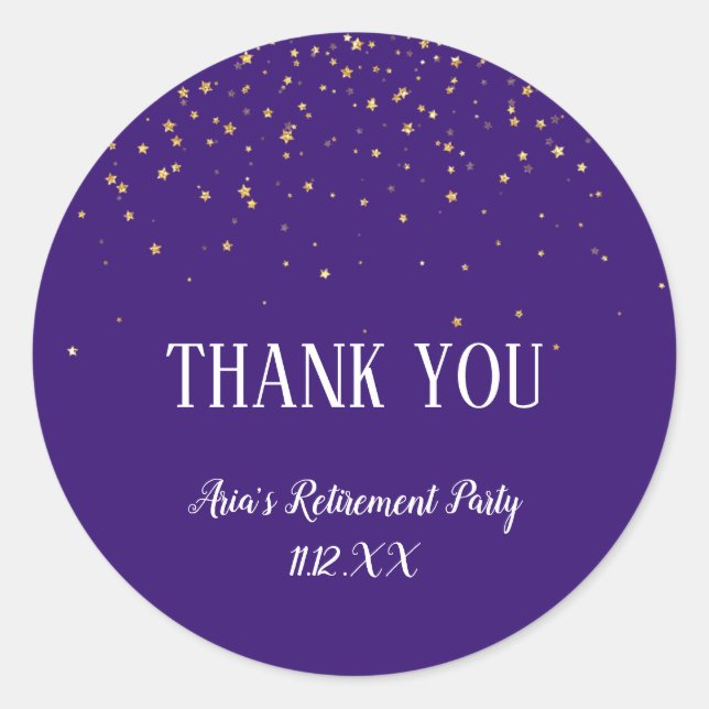 Gold Confetti on Purple Thank You Favour Classic Round Sticker (Front)