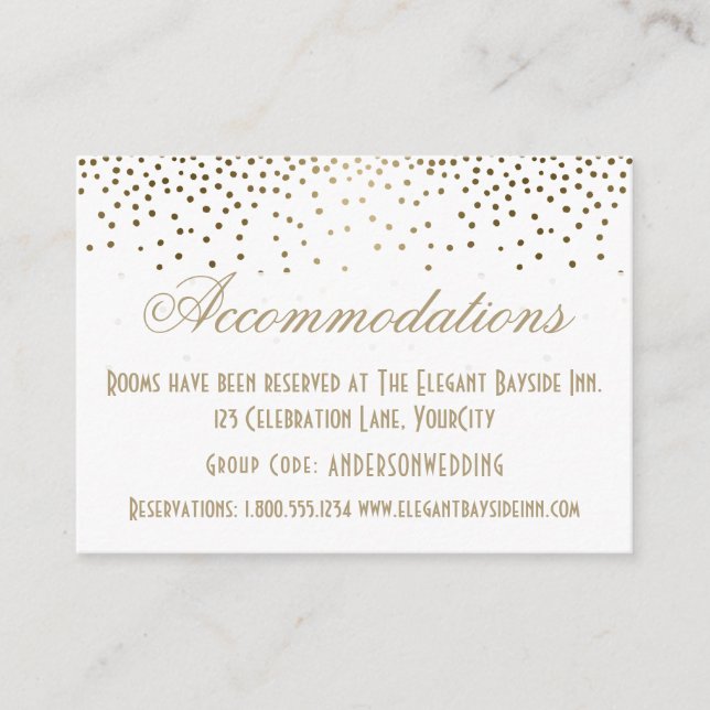 Gold Confetti on White Wedding Accommodation Cards (Front)