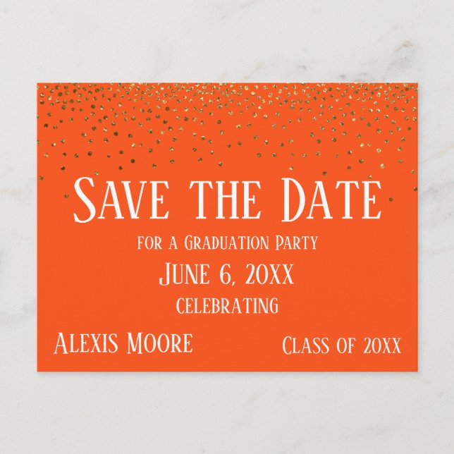 Gold Confetti Orange Graduation Save the Date Postcard (Front)