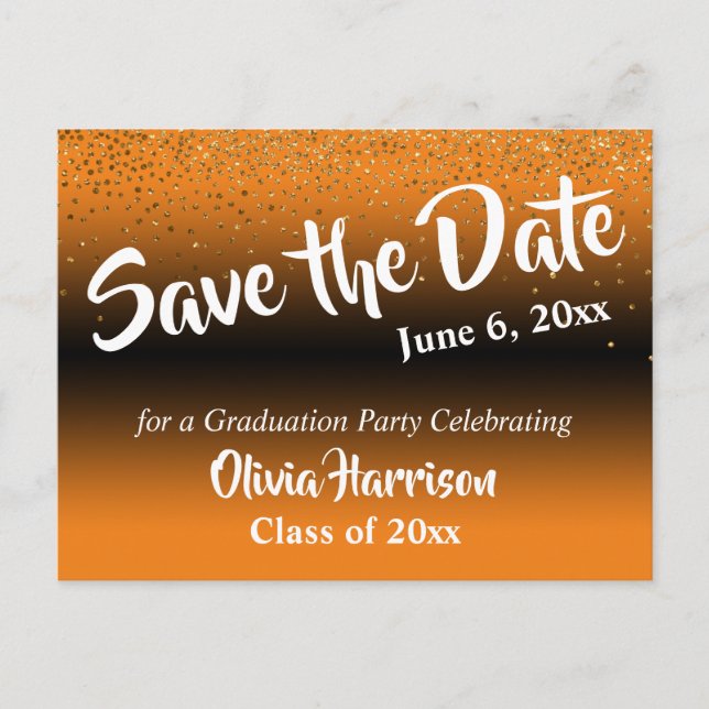 Gold Confetti Orange Graduation Save the Date Postcard (Front)