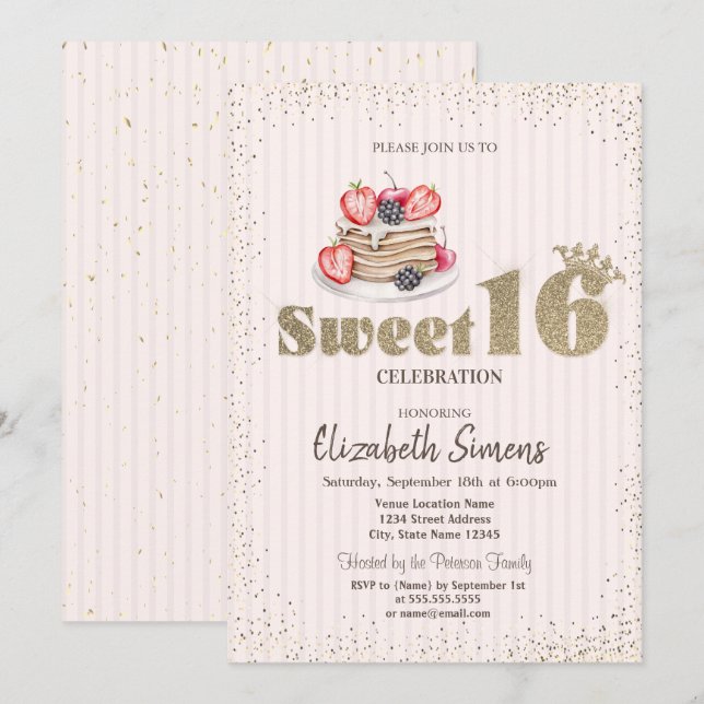 Gold Confetti,Pancakes,Striped Sweet 16  Invitation (Front/Back)