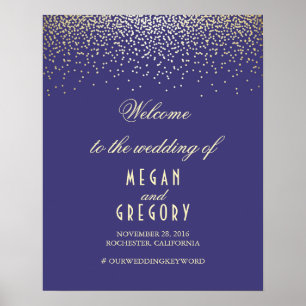 Gold Confetti Particles Navy Wedding Welcome Sign