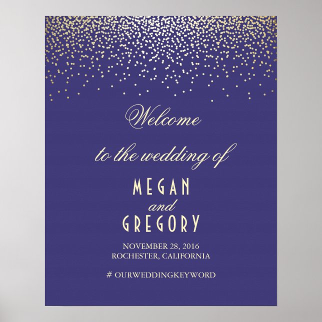 Gold Confetti Particles Navy Wedding Welcome Sign (Front)