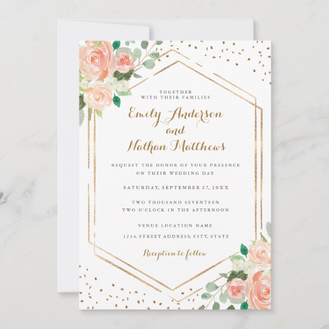 Gold Confetti Peach watercolor floral Wedding Invitation (Front)
