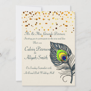 Gold Confetti Peacock Feathers Wedding Invitation