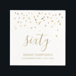 Gold Confetti Personalised 60th Birthday Party Napkin<br><div class="desc">Help them celebrate their 60th birthday in style with this simple but elegant design, featuring faux gold triangular confetti sifting down on the word "sixty" in stylish gold handwriting font. Personalise it with the name of the honoree in gold sans serif font, along with the occasion and date below in...</div>