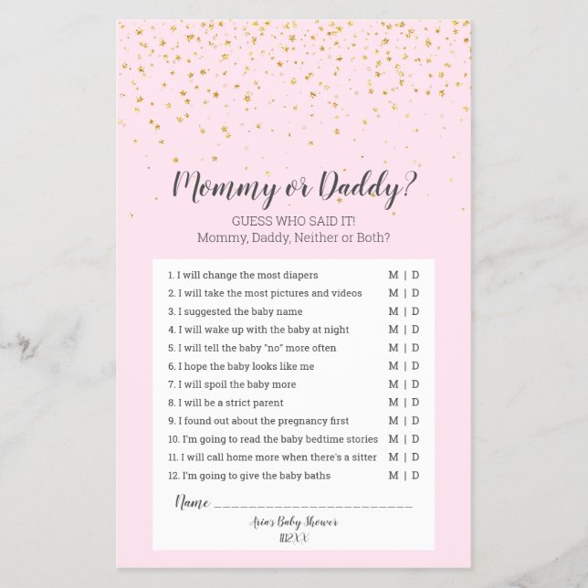 Gold Confetti Pink Baby Shower Mummy or Daddy Game Flyer (Front)