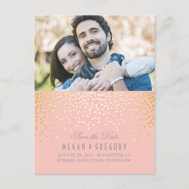 Gold Confetti Pink Elegant Photo Save the Date Announcement Postcard (Front)
